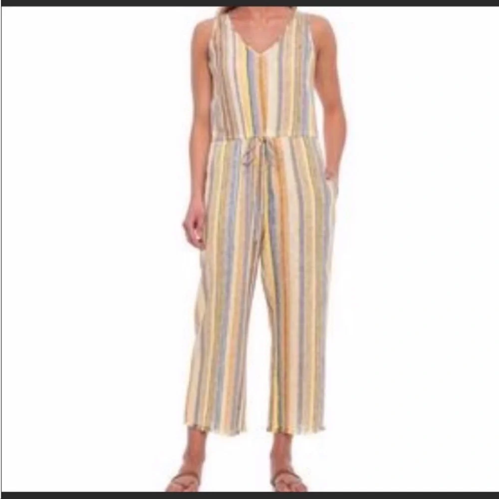 NWT Anthropologie Drew Jumpsuit Olive Combo Sz Medium Green, Cream, Pink Stripes
